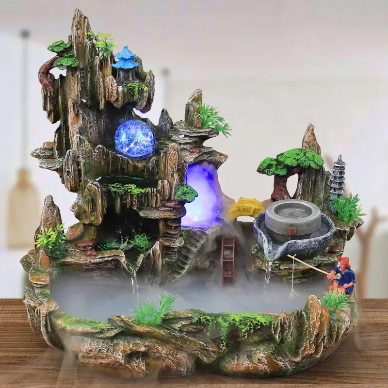 Mountain View Rockery Fountain Water Circulation Small Fish Tank Garden Bonsai Decoration Lucky Feng Shui Ornaments & Humidifier