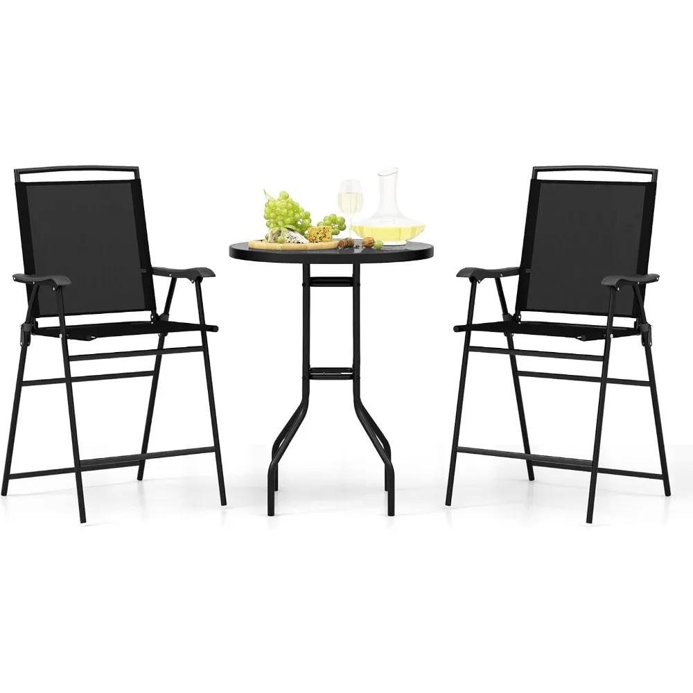 

3 PCS Patio Table and Chairs Set, Bistro Furniture with DPC Tabletop, Umbrella Hole, Outdoor Bar Set with Round Table and 2 Fol