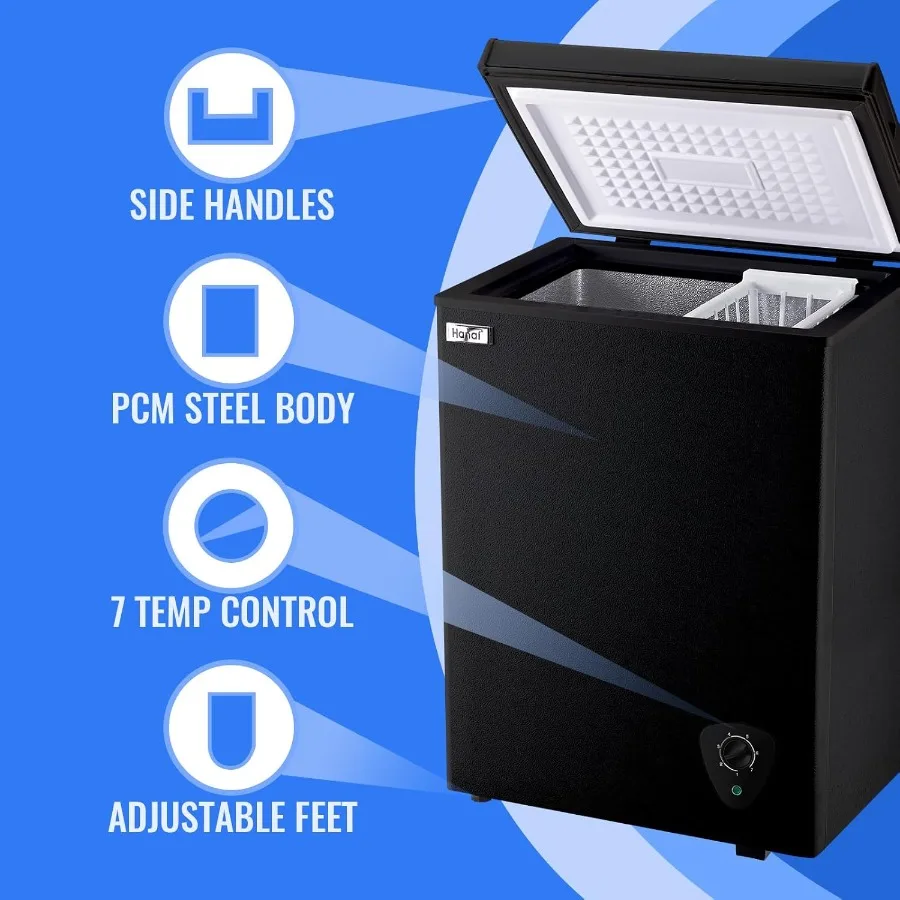 WANAI Deep Freezer Black Small Chest Freezers with Storage Basket Top Open Door Mini Compact Freezer 7 Temperature Control for