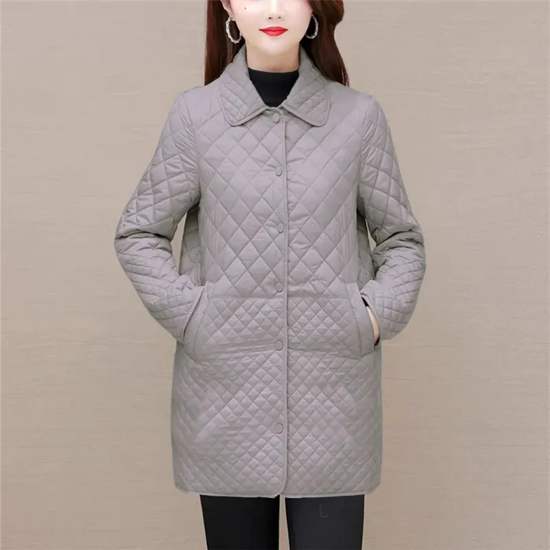 Women\'s Diamond Grid Quilted Coats, Oversized Female Coats, Korean Casual Thicken Warm Long Down Cotton Jackets, Autumn and Wint