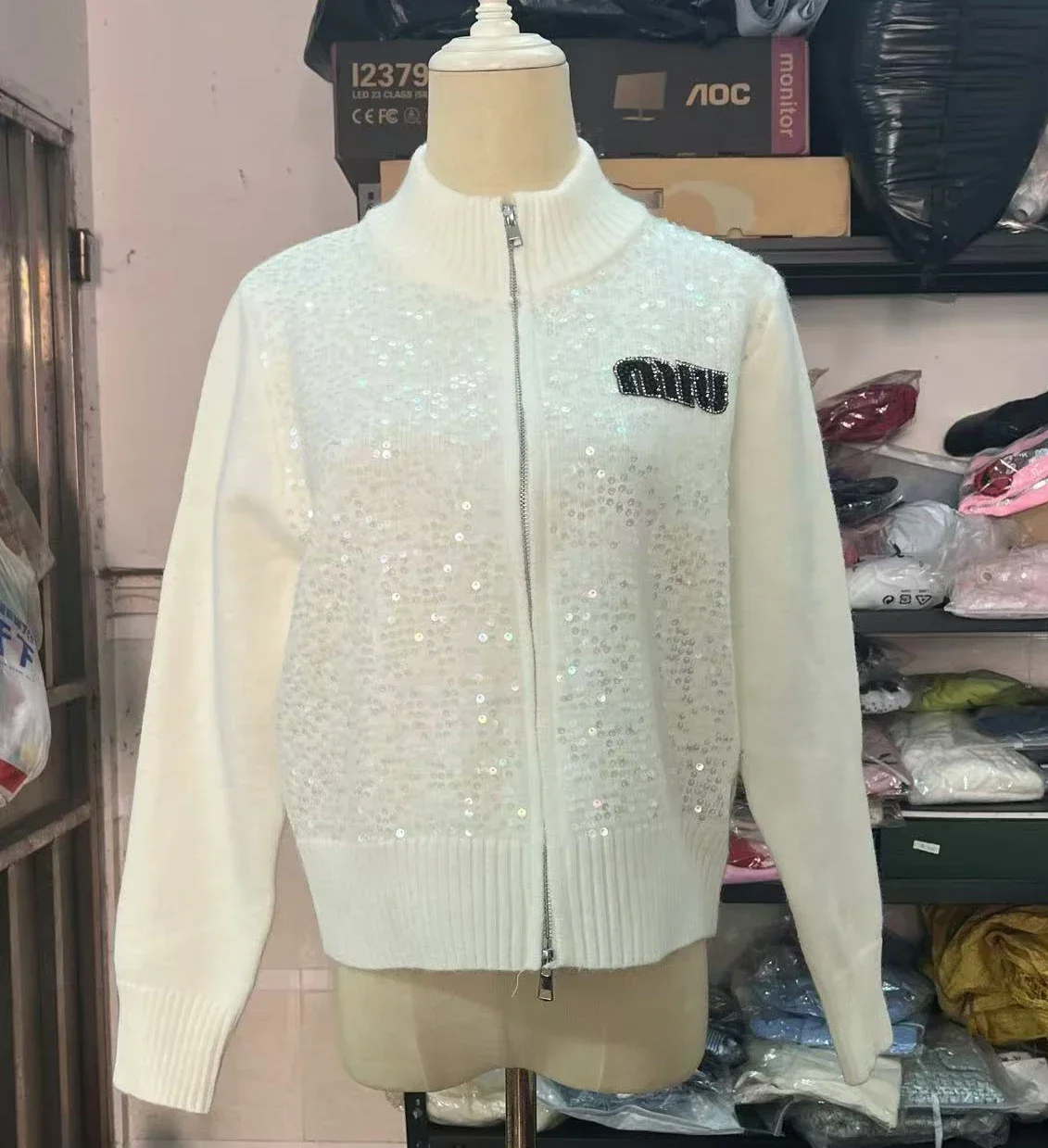 Autumn Winter Retro White Letters Embroidery Sequins Knitted Cropped Cardigans Sweater Jacket Women Kawaii Zipper Sweater Tops