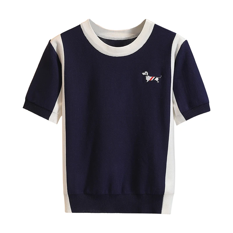 Ice Silk Embroidered Dog T-irt Women's Summer 2024 ort Sve Overhead round Ne Knitwear Faionable Commute Sle