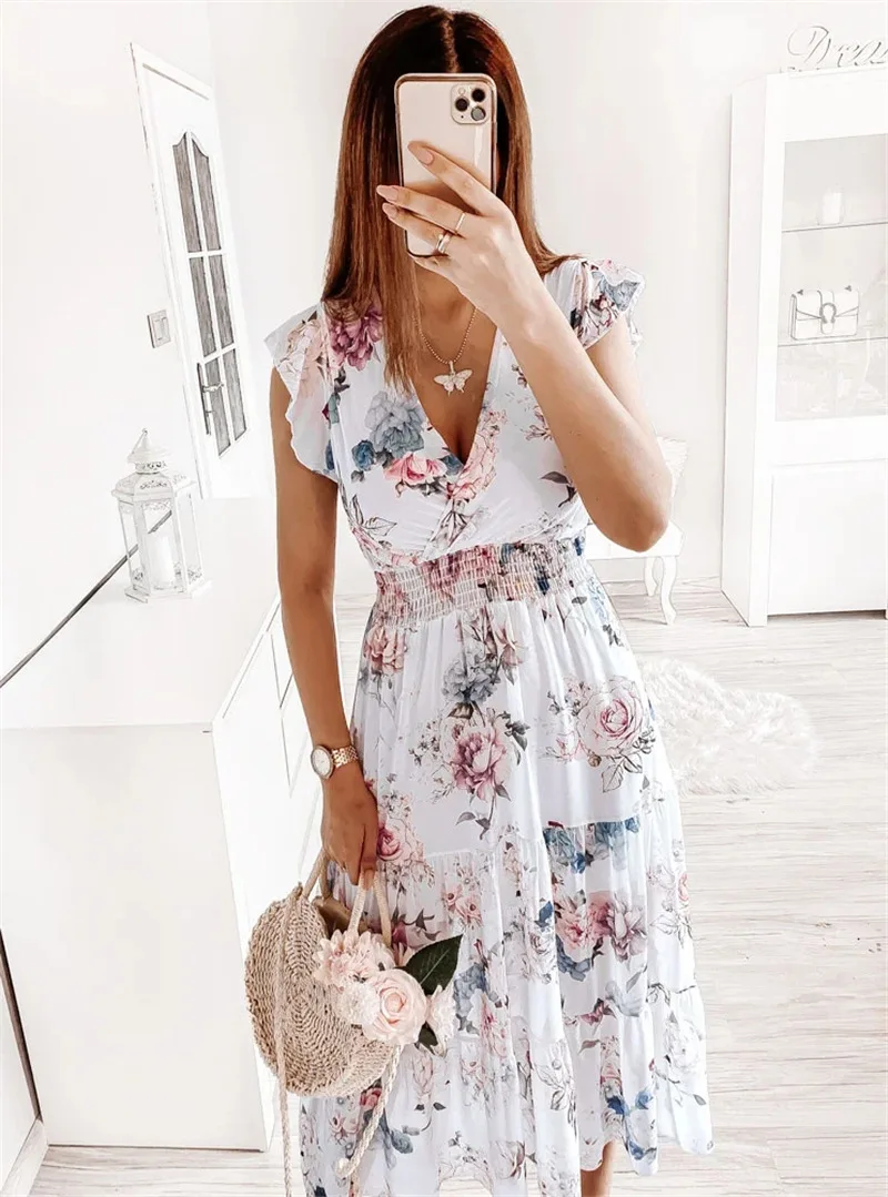 

2024 Women's Summer Ruffled Short Sleeve V-neck Printed Waist Slimming Breathable Chiffon Dress Women's Bohemian Long Dress