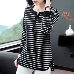 Basic Striped Korean Patchwork Pullovers Women's Clothing Casual Round Neck 2023 Spring Autumn Long Sleeve Stylish Split T-shirt