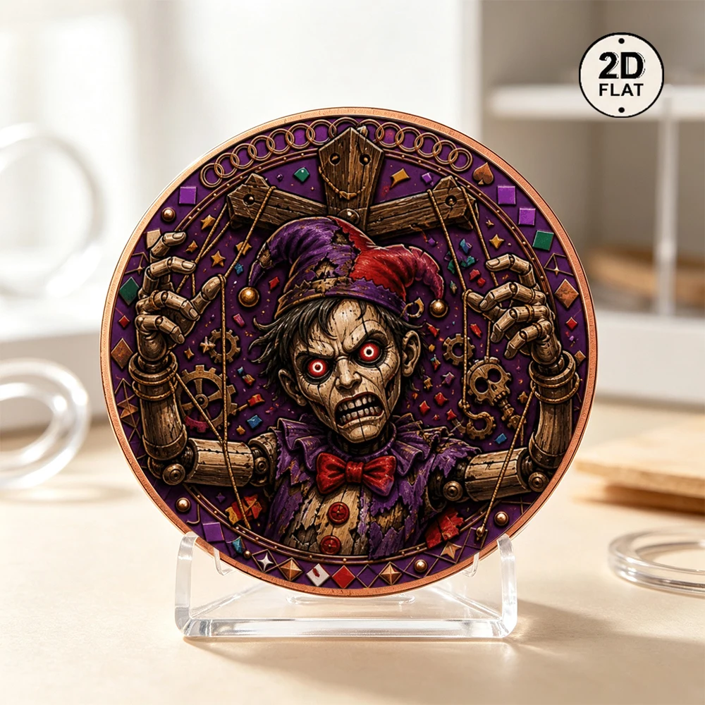 1pc Evil Puppet Jester Metal Commemorative Coin 2D UV Print 1oz Fine Copper Collectible Coin Gothic Horror Gift Souvenir