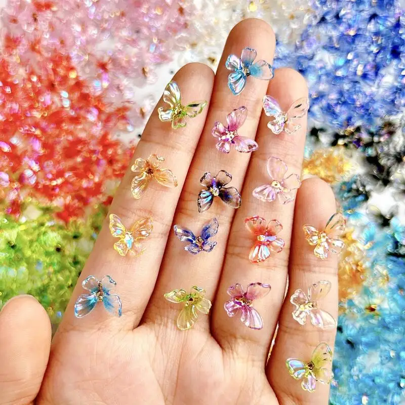 30Pcs Simulated Transparent Resin Butterfly Nail Art Decorations 3D Gradient Colorful Butterfly Aurora Nail Charms for DIY Nails