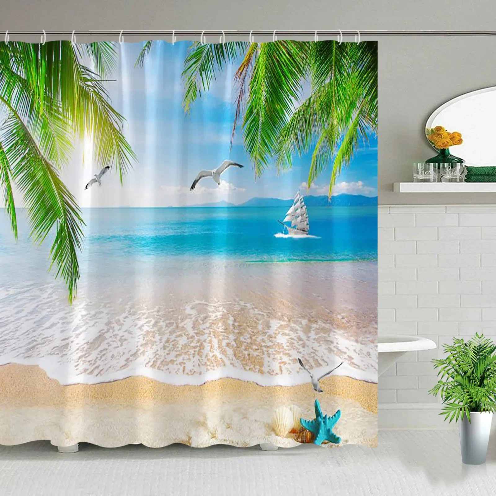 Beach Ocean Shower Curtains Dolphin Coconut Tree Seagull On Sea Seaside Landscape Bedroom Curtains Bathroom Decor Set With Hooks