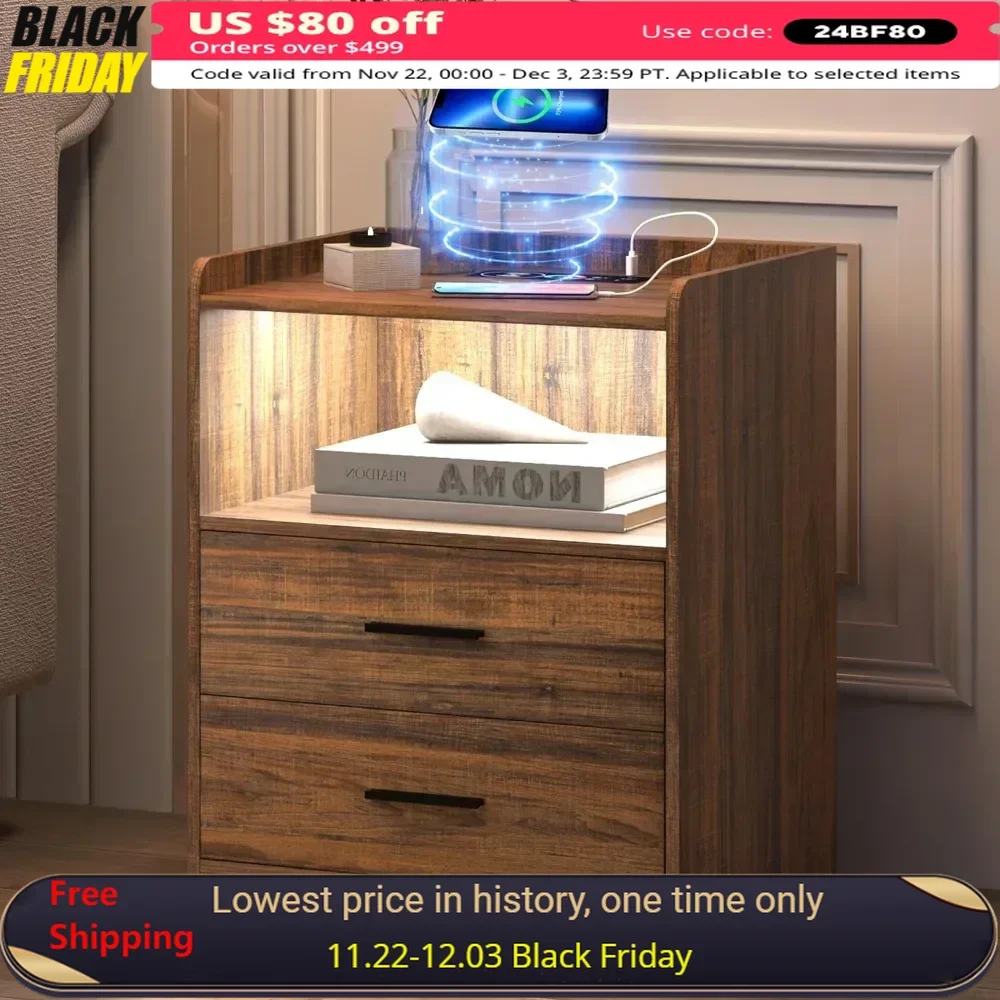 LED Nightstand with Charging Station, Smart Bedside Table with 24-Color RGB LED Lights, Charging Nightstand