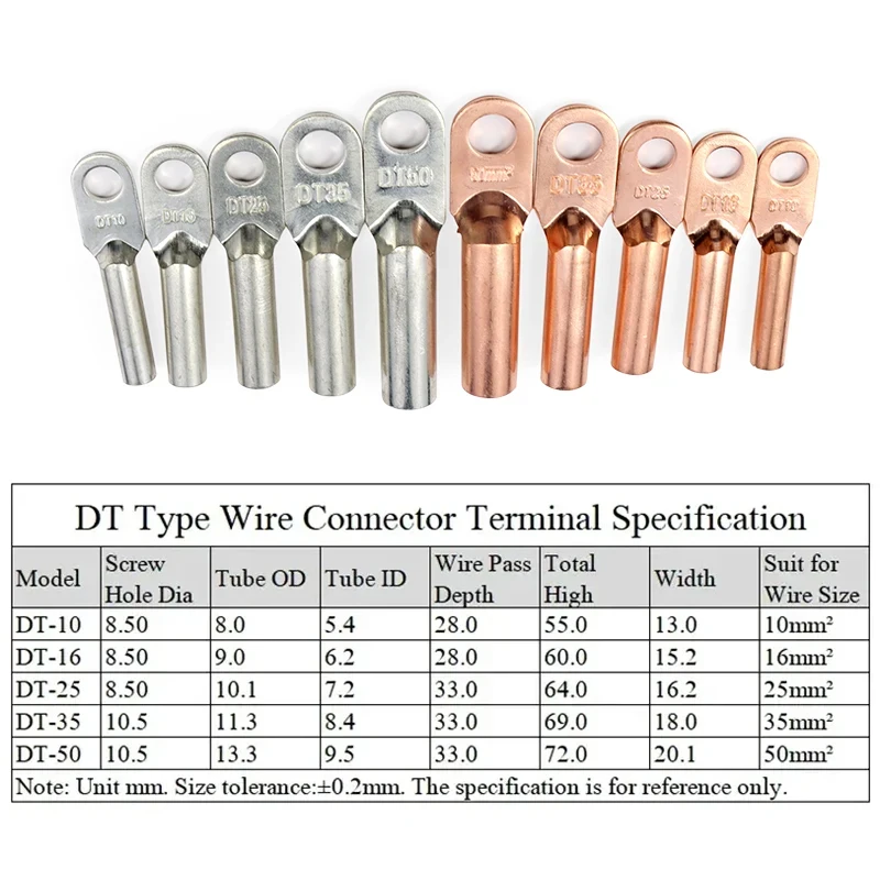 2/5/10Pcs DT Type Wire Terminals Copper Tube Crimp DT-10 DT-16 DT-25 DT-35 DT-50 Block Bolt Hole Nose Lug Cable Connector