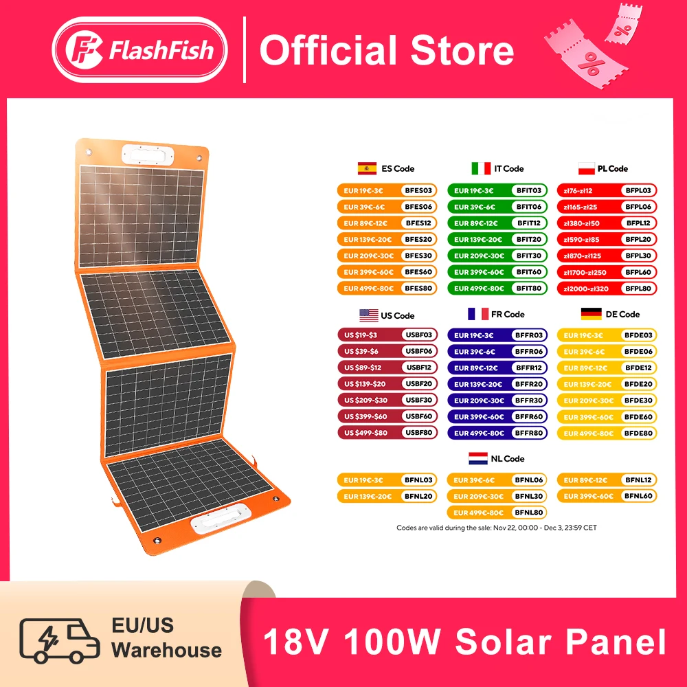 FF FlashFish Foldable Solar Panel 100W 18V Outdoor Solar Charger DC Type-c/QC3.0 Output Charge for Power Station Solar Generator