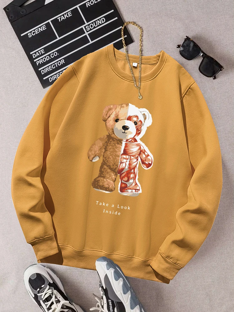 Take A Look Inside Cartoon Bear Print Womens Tracksuit Autumn Crewneck Clothes Simple Fashion Sweatshirt Casual Warm Sportswear