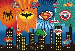 Superhero Photography Backdrop Super City Buildings Balloon Boys Birthday Party Custom Photo Background Baby Shower Decor Banner