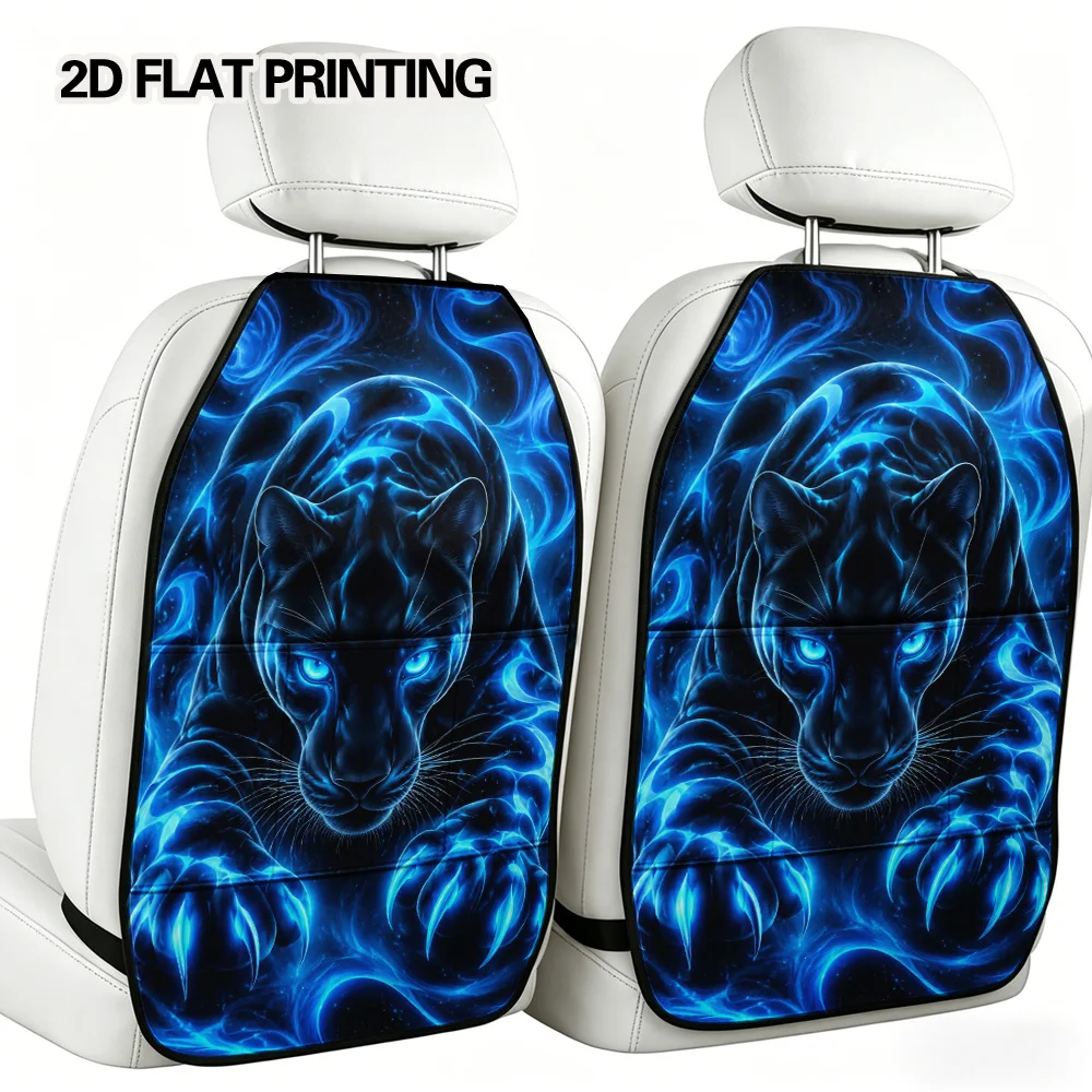 2D Flat, 2pcs Car Kick Mats With Organizer, Panther Print Minimalist Pattern, Back Seat Car Organizer, Complementing Car Interio
