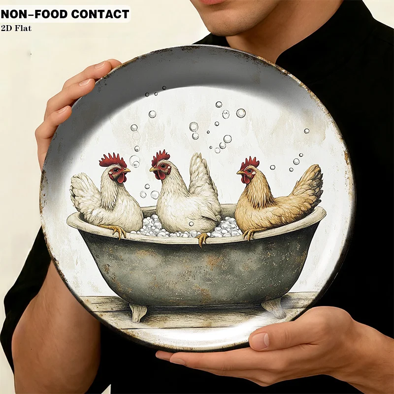 1pc Ceramic Decorative Plate, Chickens in Bathtub Scene Art Decorations, (For Decorative Purposes Solely, NON-FOOD CONTACT) -