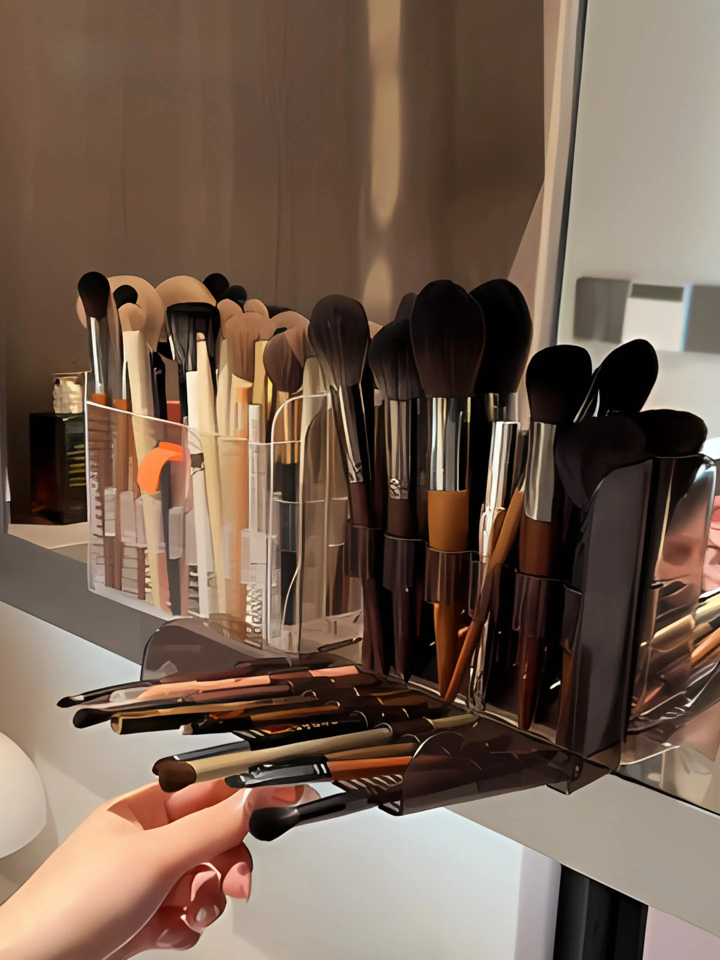 mirror-cabinet-makeup-brush-storage-holder-wall-mounted-brush-organizer-rack-divided-storage-shelf-bathroom-simple-style