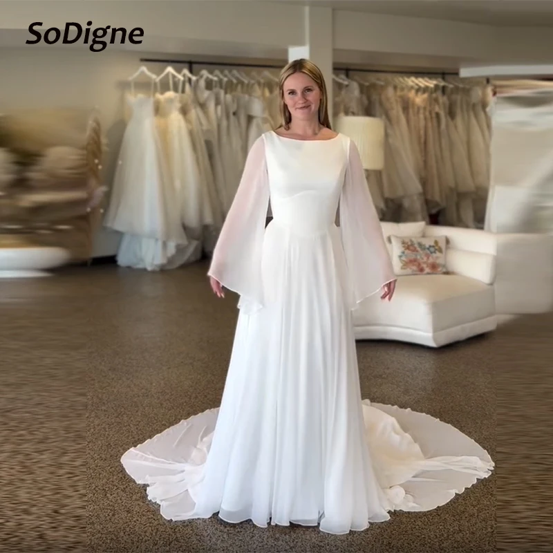 

SoDigne A-line Organza Wedding Dresses Full Sleeves O-neck Bridal Dress Simple Long Wedding Gown Robe De Mairee Customized