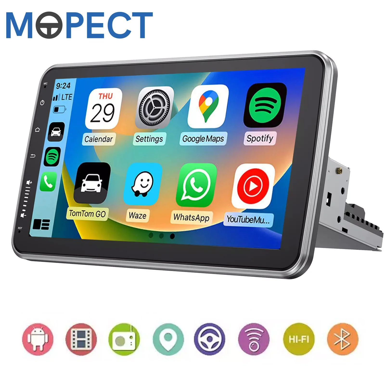 MOPECT 10.1" Single 1 DIN Draadloze Android Auto Apple CarPlay DAB+ Android 15 360 °   Draaibare autoradio GPS-navigatie 4+64G