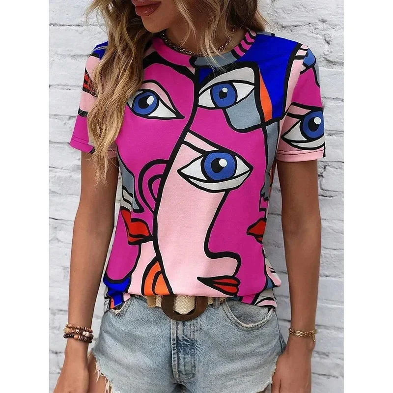 Kaus Wanita Fashion Musim Panas Kaus Leher Kru Lengan Pendek Gambar Cetak Abstrak Kasual Bergaya Atasan Reguler Leher Bulat Pakaian Jalanan Y2K