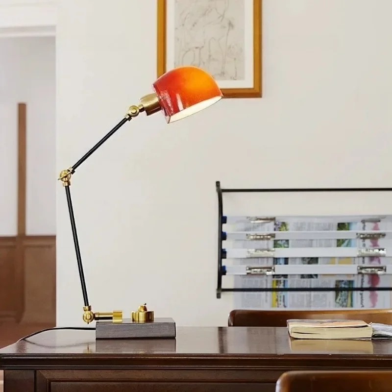 Vintage library desk lamp, American studio adjustable reading lamp, overweight handmade glass lampshade