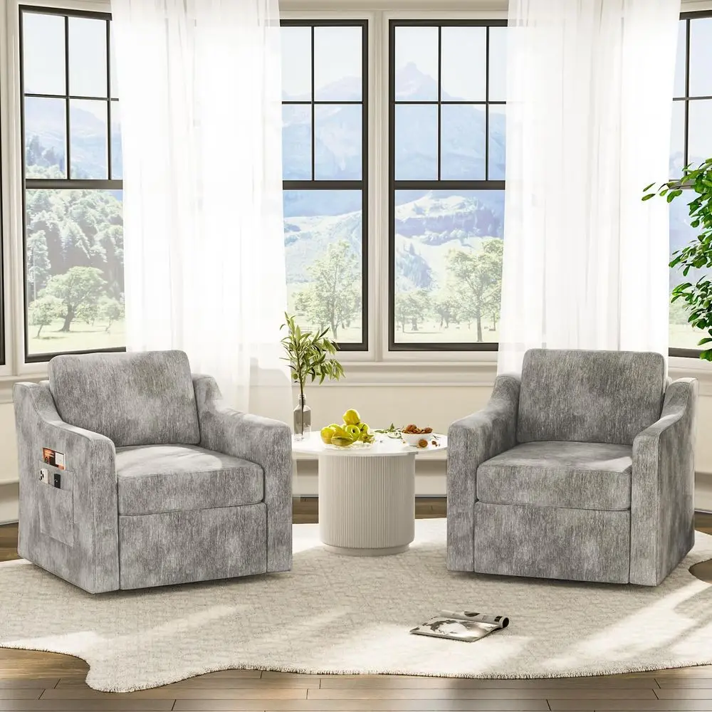 

Set of 2 Swivel Accent Chairs, Plush Reading Chairs, Square Armchairs for Living Room, Bedroom, Lounge, Hotel, Grey