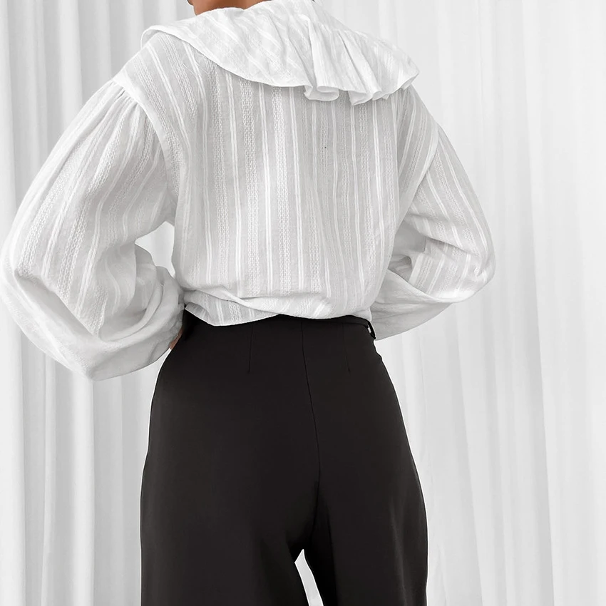 المرأة الخامس الرقبة تكدرت قميص 100% القطن الفرنسية أنيقة قمصان بيضاء ربيع الخريف موضة غير رسمية تخفيف مخطط بلوزة جاكار