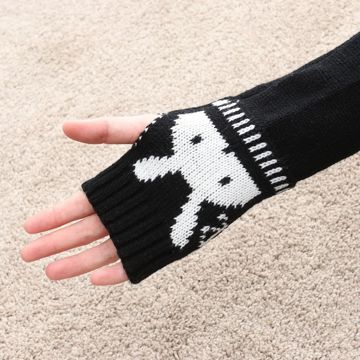 1 زوج أسود الصوف الذراع دفئا أرنب تصميم الإبهام قفاز الشتاء أصابع كم للجنسين الذراع اليد حامي للرجال والنساء #4
