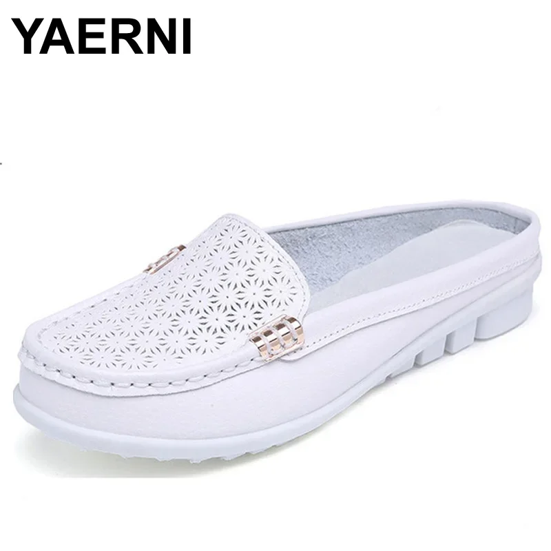 YAERNI    solid genuine leather women shoes summer sandals women slippers top quality flip flops slides flats sandals for woman