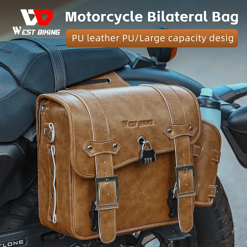 WEST BIKING Motorcycle Bag PU Leather Waterproof 16L 2 Pcs Side Bags Universal Motorcycle Pannier Bag With Bottle Bag Padlock