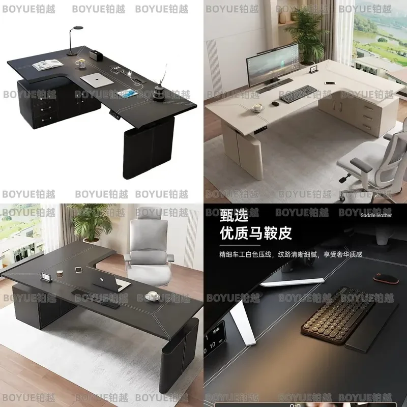 L Shaped Electric Height Adjustable Corner Desk with Storage Saddle Leather Gaming Computer Workstation for Home Office Setup