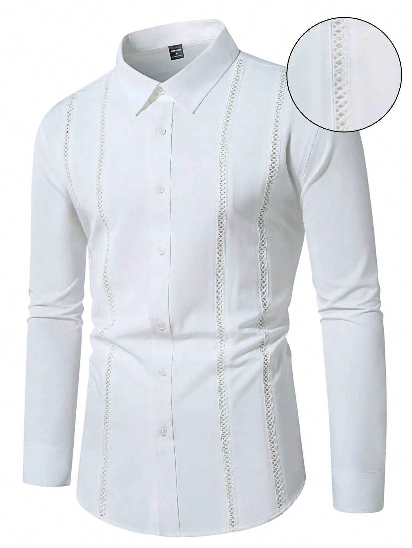 

Men's White Long Sleeve Button-Down Shirt with Lace Trim Detail