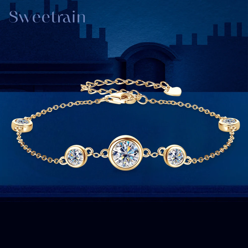 

Sweetrain GRA Certified 6.5mm Moissanite Bracelets 925 Silver Adjustable Chain Bracelet for Women Plated 18k Fine Jewelry