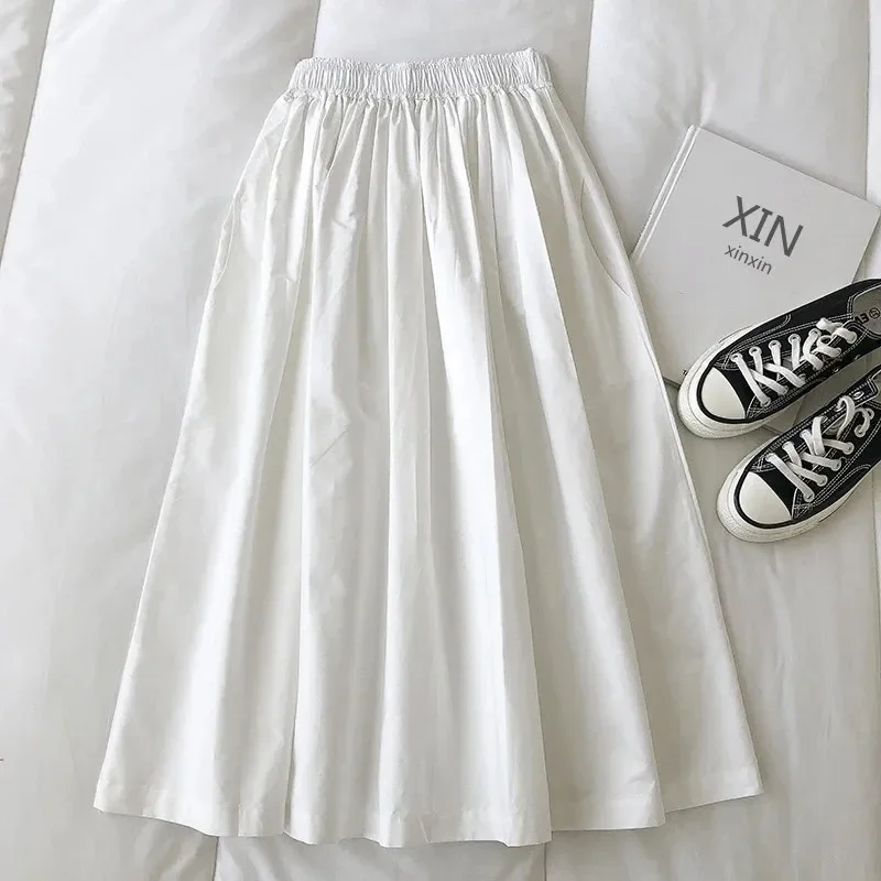 

Новые повседневные элегантные юбки А-силуэта с высокой талией для женщин, однотонные длинные юбки, модные плиссированные юбки до колена с карманами, осенние.