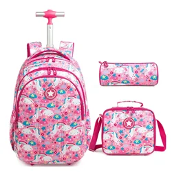 Mochila escolar para meninas, conjunto de bolsa com rodas para meninos, bagagem rolante, mochila escolar com lancheira isolada