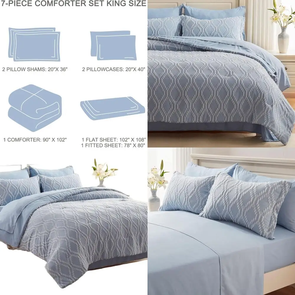 

King Size Boho Comforter Set with Microfiber Sheets, All-Season Softness in Dusty Blue