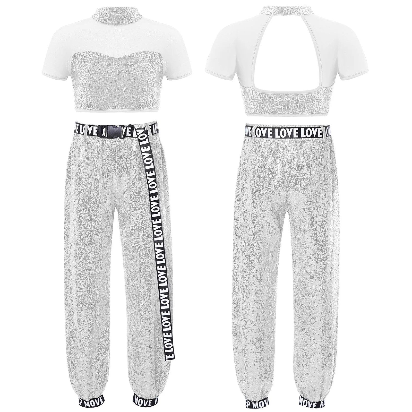 ชุดเต้นแจ๊สสำหรับเด็กผู้หญิง เสื้อครอปท็อปปักเลื่อมแบบตัดต่อ+กางเกงเลื่อม+เข็มขัดพิมพ์ลายตัวอักษร สำหรับการแสดงบนเวที ฮิปฮอป