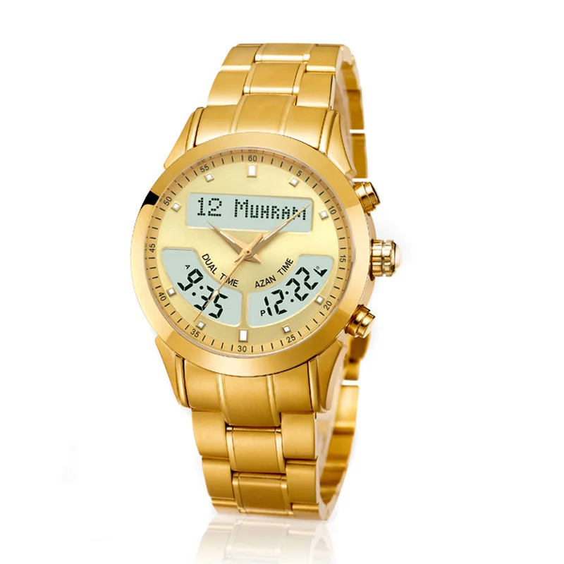 Gold Watch Alarm Ramadan Gift for Muslim With ALFAJR SHRQ ALZUHR ALASR MAGRIB ALISHA Azan Time Stainless Steel Water Resistant