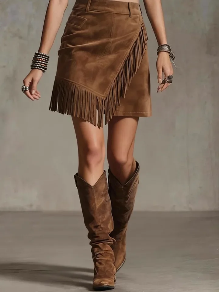 New 2026 Summer Women's Retro Western Suede Casual  Asymmetrical Tassel Bodycon Mini Skirt
