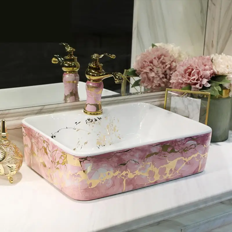 

Jingdezhen Art Pink Square Basin oval Washbasin Art Bathroom rectangular Ceramic Wash Basin bathroom sink