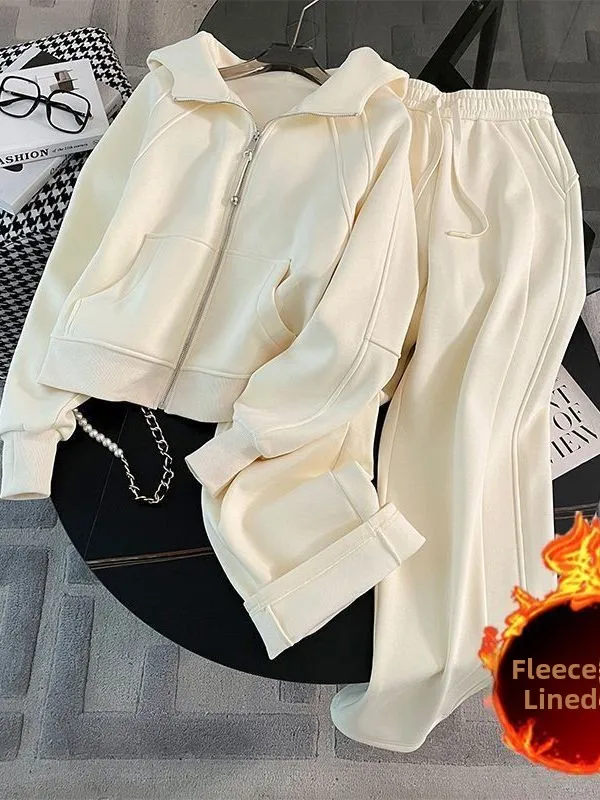 Women's Winter Thickened Fleece Hooded Sports Set High Waist Long Pants Warm Slimming Casual Sportswear Two-Piece Suit