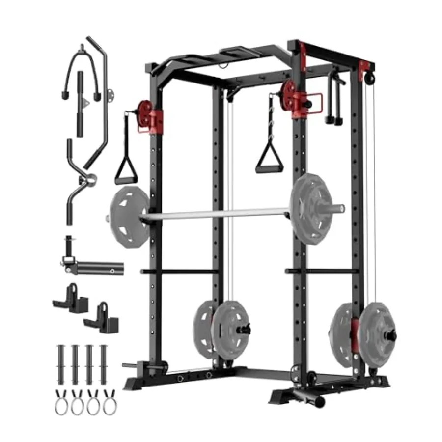 Heavy-Duty Home Gym Power Cage Dual Pulley Cable Crossover 1200 LBS Capacity Adjustable Squat Rack for Strength Training LAT Pu
