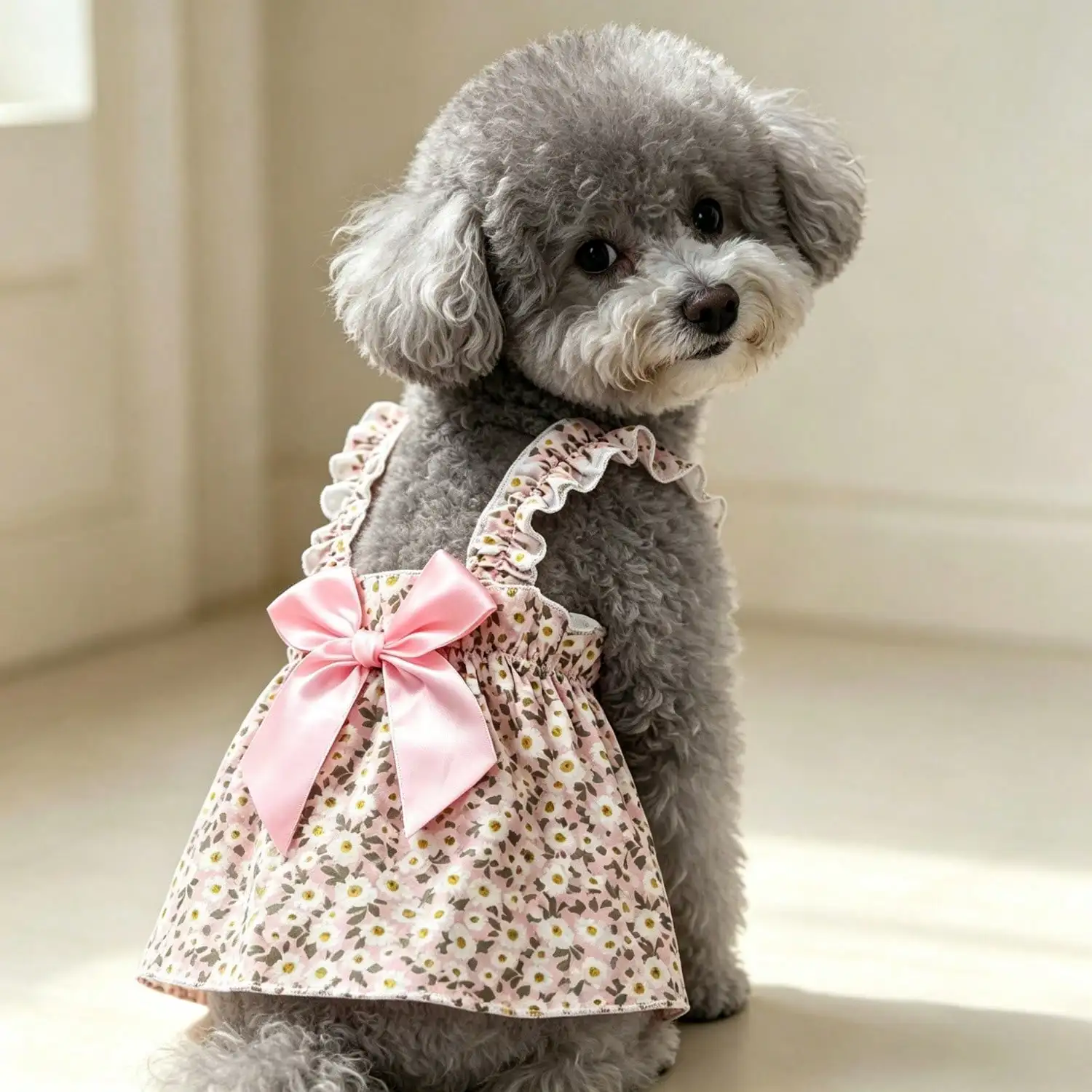 Sommerkleid für Haustiere, ärmellos, mit Blumenmuster, Rüschenriemen, großer Schleife als Dekoration für kleine Hunde, für den täglichen Gebrauch und Partys. – Detail 31