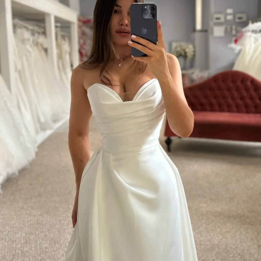 Amanda Customized White Strapless Heart-Shaped Neckline فساتين سهرات Satin vestidos de fiesta Sleeveless A-line Wedding Dress