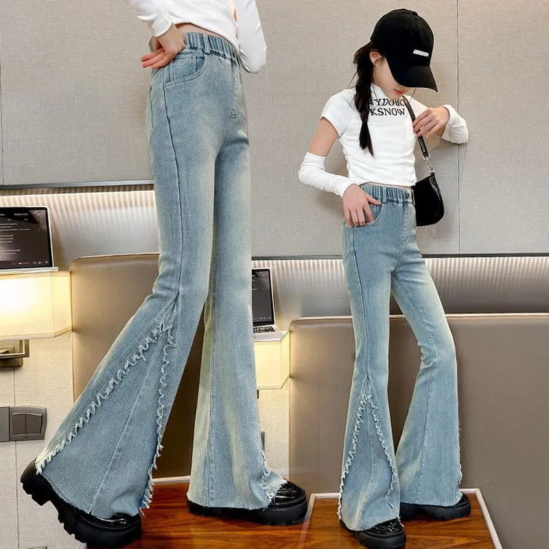 Cool Child Fashion Street Flare Jeans with Fringe For Girls Vintage Blue Boot Cut Denim Trousers Teenage Kids Casual Jeans Pants