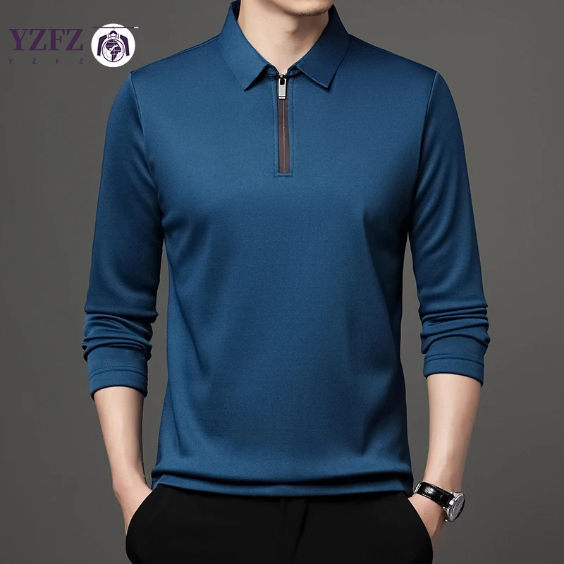 Solid Color Long Sleeve Polo Shirt Fashion Zipper Men\'s Polo Neck Top Cotton Polo Collar Long Sleeve T-shirt