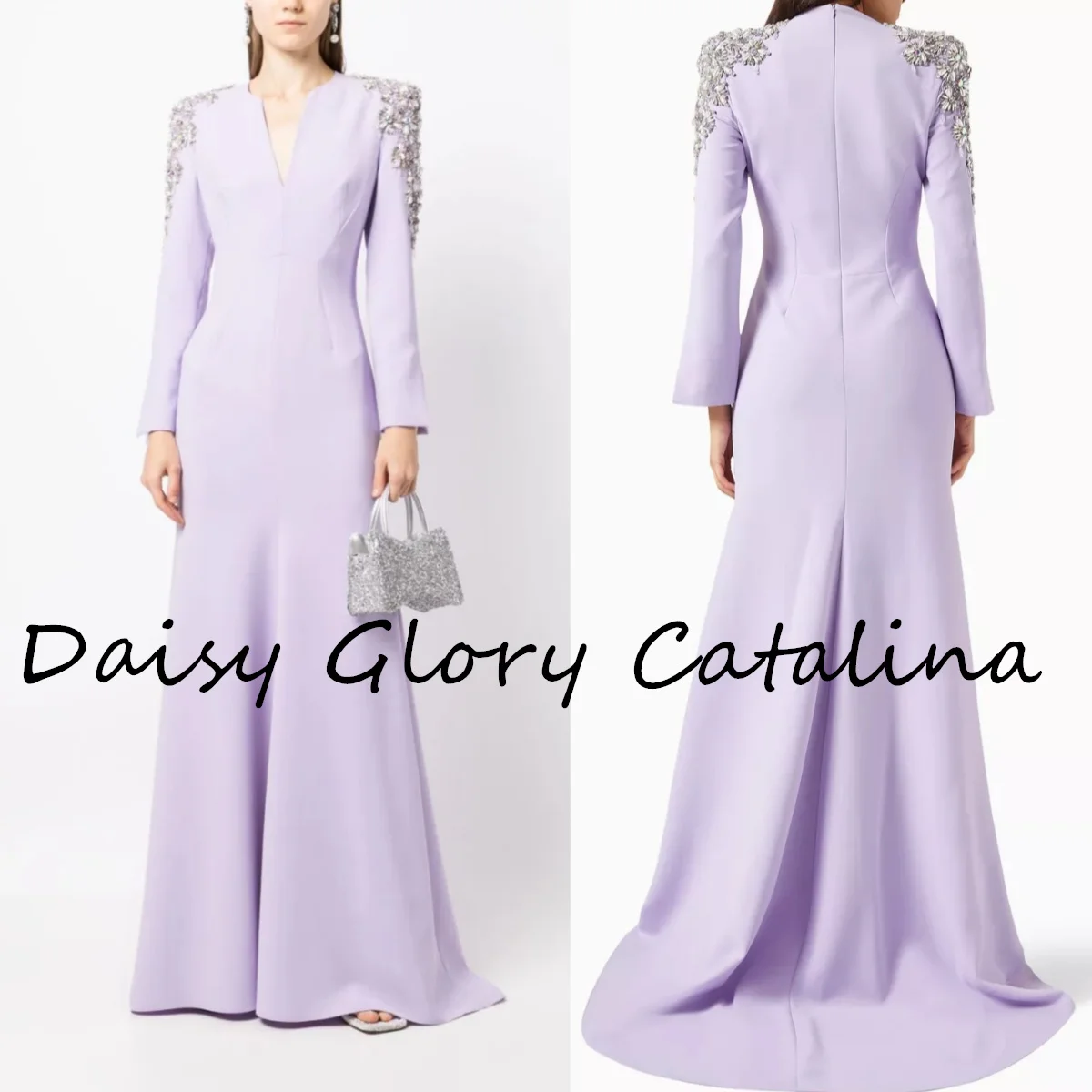 Lilac Purple Crystals Evening Party Dress A-Line Mermaid V Neck Prom Dress gala 2024 Long Saudi Arabia Cocktail Occasion Wedding