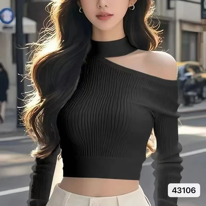 Hollow Out Off-Shoulder Cropped Sweater Women Slim Fitted Knitted Short Top Sexy Halter Neck Black White Beige Rose Red Jumper