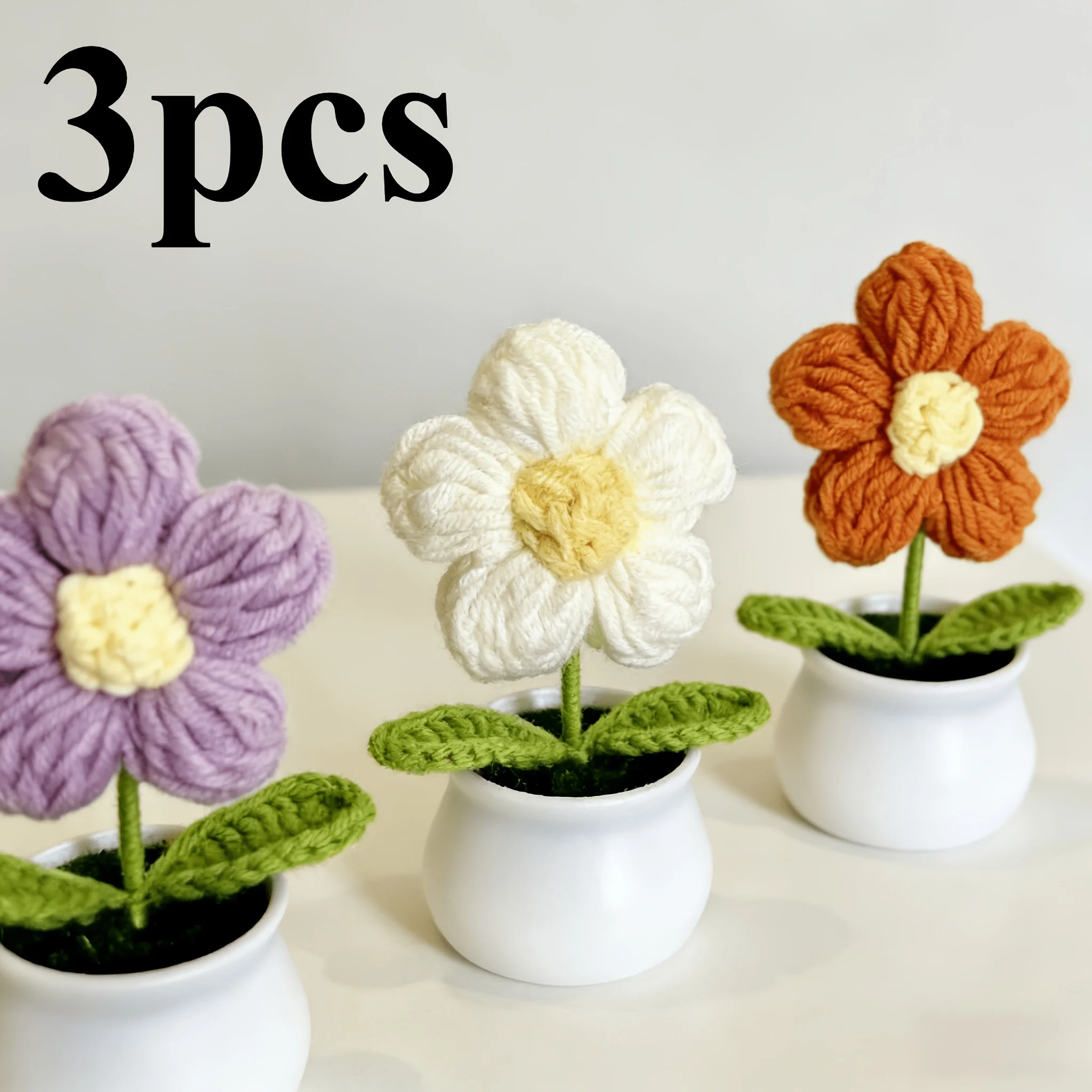 3 Stück Mini-Topfpflanzen, Büro-Schreibtisch-Dekorationen, handgewebte künstliche Wollblumen
