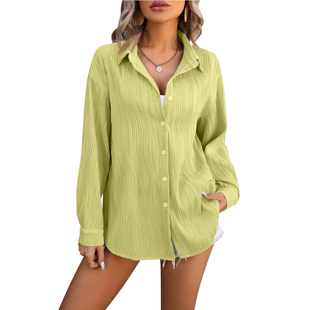 Women's Blouse Wave Textured Loose Fashionable Shirt Female Long Sleeve Tops Solid T-shirt Top For Women