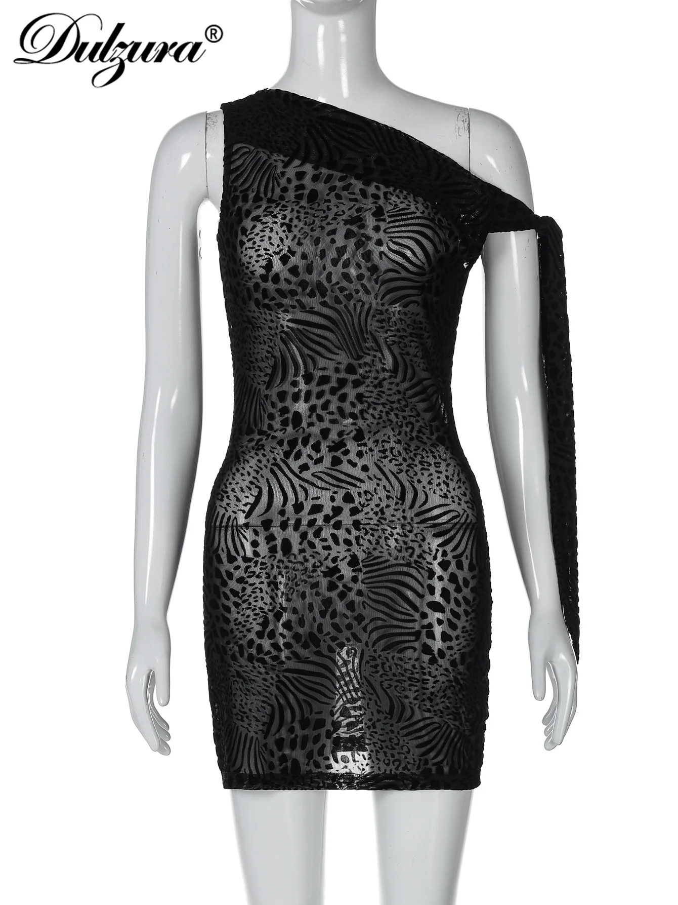 Dulzura col incliné sans manches à lacets moulante maille transparente imprimé léopard Mini robe Sexy tenue élégante fête Culbwear été