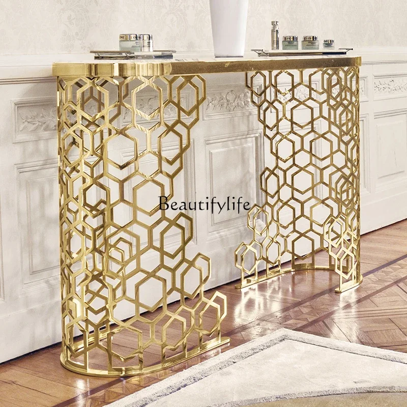 

04Modern light luxury entrance table stainless steel marble entrance table sofa back few